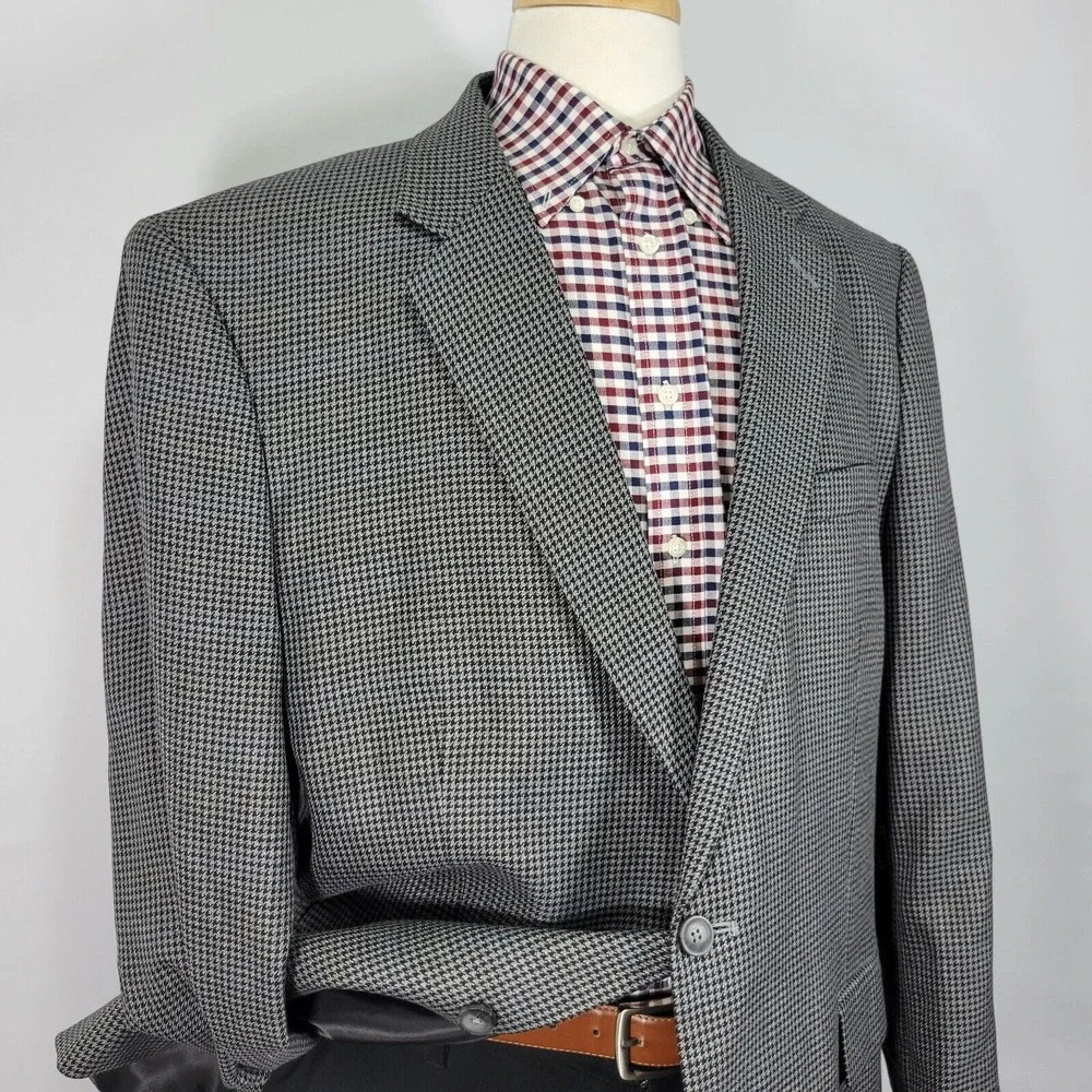 Croft Barrow Men's Sport Coat Blazer Two Button Gray‎ Houndstooth Poly Blend 48L